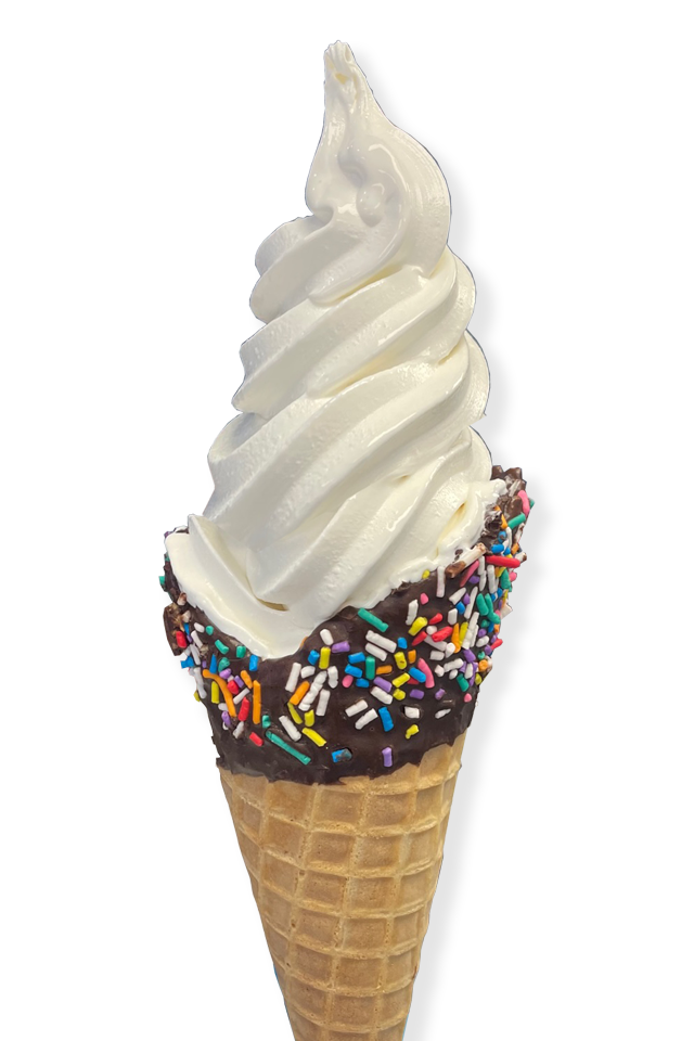 image of a vanilla soft serve on a chocolate covered waffle cone with rainbow sprinkles