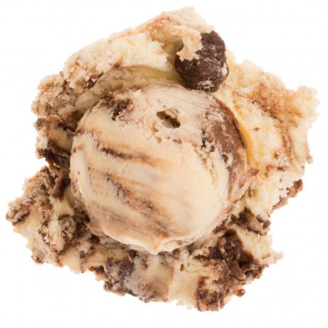 image of Tin Roof Sundae made with vanilla ice cream, fudge pieces, chocolate-covered peanuts, chocolate swirl